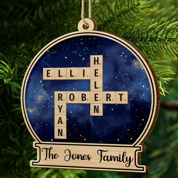 Family - Custom Family Name Snow Globe Crossword Scrabble - Personalized Custom Shaped Wooden Ornament
