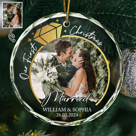 Bague de fiançailles personnalisée avec photo pour le premier Noël - Décoration en verre circulaire personnalisée 