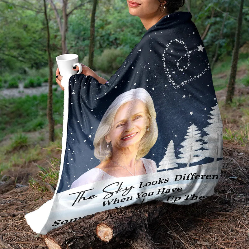 Family, Parents, Gift For Grandparents, Gift For Sibling, Memorial - Custom Photo The Sky Looks Different Memorial Family - Personalized Fleece Blanket, Sherpa Blanket
