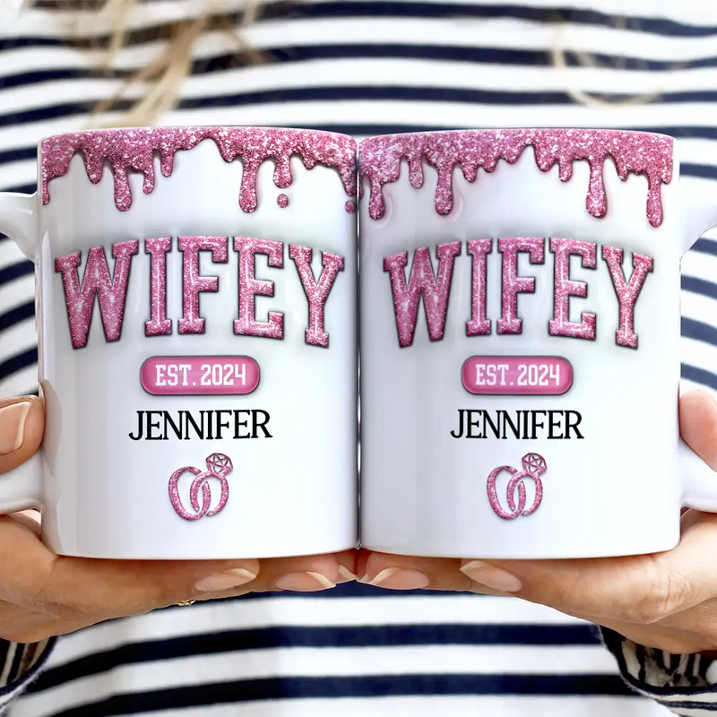 Gift For Couples,Gift For Husband,Gift For Wife,Happy - Wifey Hubby Est Couple 3D Inflated Effect Printed Mug, Personalized White Edge-to-Edge Mug