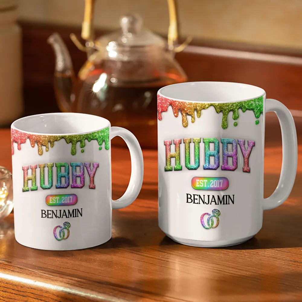Gift For Couples,Gift For Husband,Gift For Wife,Happy - Wifey Hubby Est Couple 3D Inflated Effect Printed Mug, Personalized White Edge-to-Edge Mug