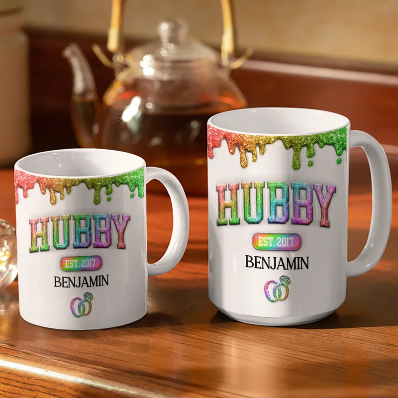 Gift For Couples,Gift For Husband,Gift For Wife,Happy - Wifey Hubby Est Couple 3D Inflated Effect Printed Mug, Personalized White Edge-to-Edge Mug