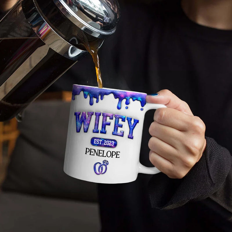 Gift For Couples,Gift For Husband,Gift For Wife,Happy - Wifey Hubby Est Couple 3D Inflated Effect Printed Mug, Personalized White Edge-to-Edge Mug