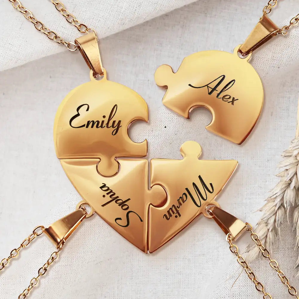 Gift For Couples,Gift For Wife,Love - Couple Matching Jewelry Including For Children - Personalized Heart Puzzle Necklace Set