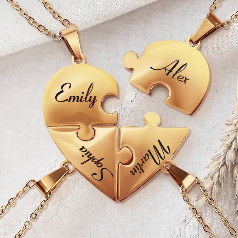 Gift For Couples,Gift For Wife,Love - Couple Matching Jewelry Including For Children - Personalized Heart Puzzle Necklace Set