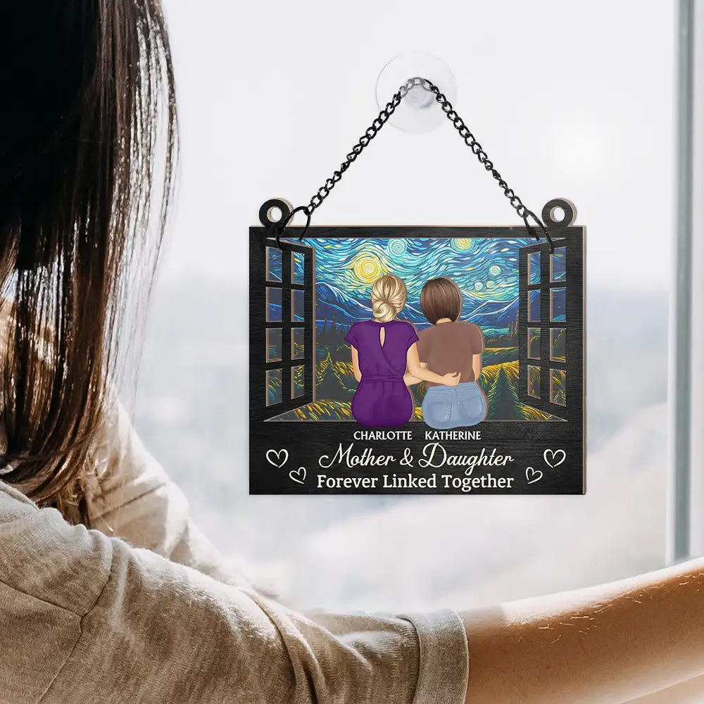Gift For Mother,Mom,Children - Mother And Daughter Children Forever Linked Together - Personalized Window Hanging Suncatcher Ornament
