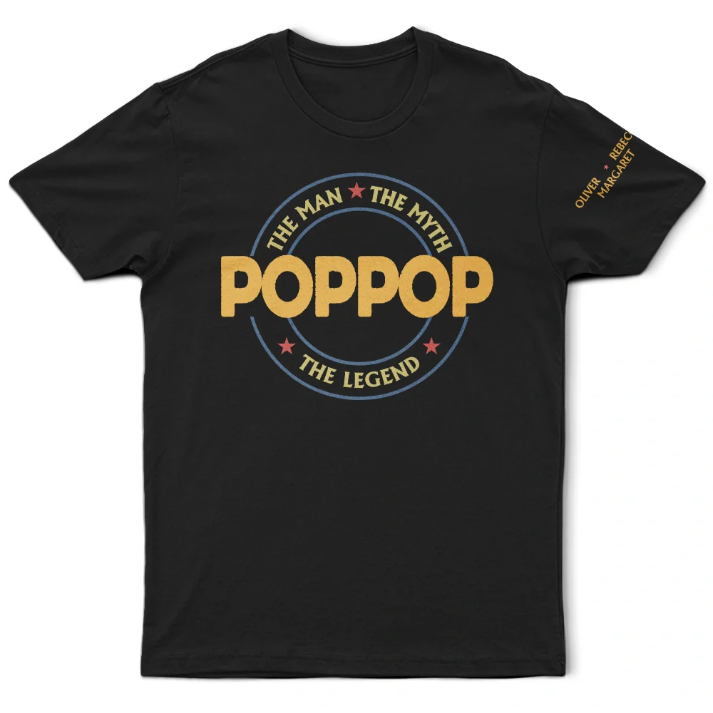 Gift For Father,Gift For Grandpa - Dad Papa The Man The Myth The Legend Retro Logo With Names On Sleeves - Personalized T Shirt