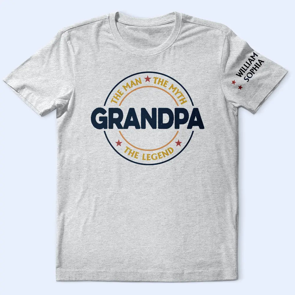 Gift For Father,Gift For Grandpa - Dad Papa The Man The Myth The Legend Retro Logo With Names On Sleeves - Personalized T Shirt