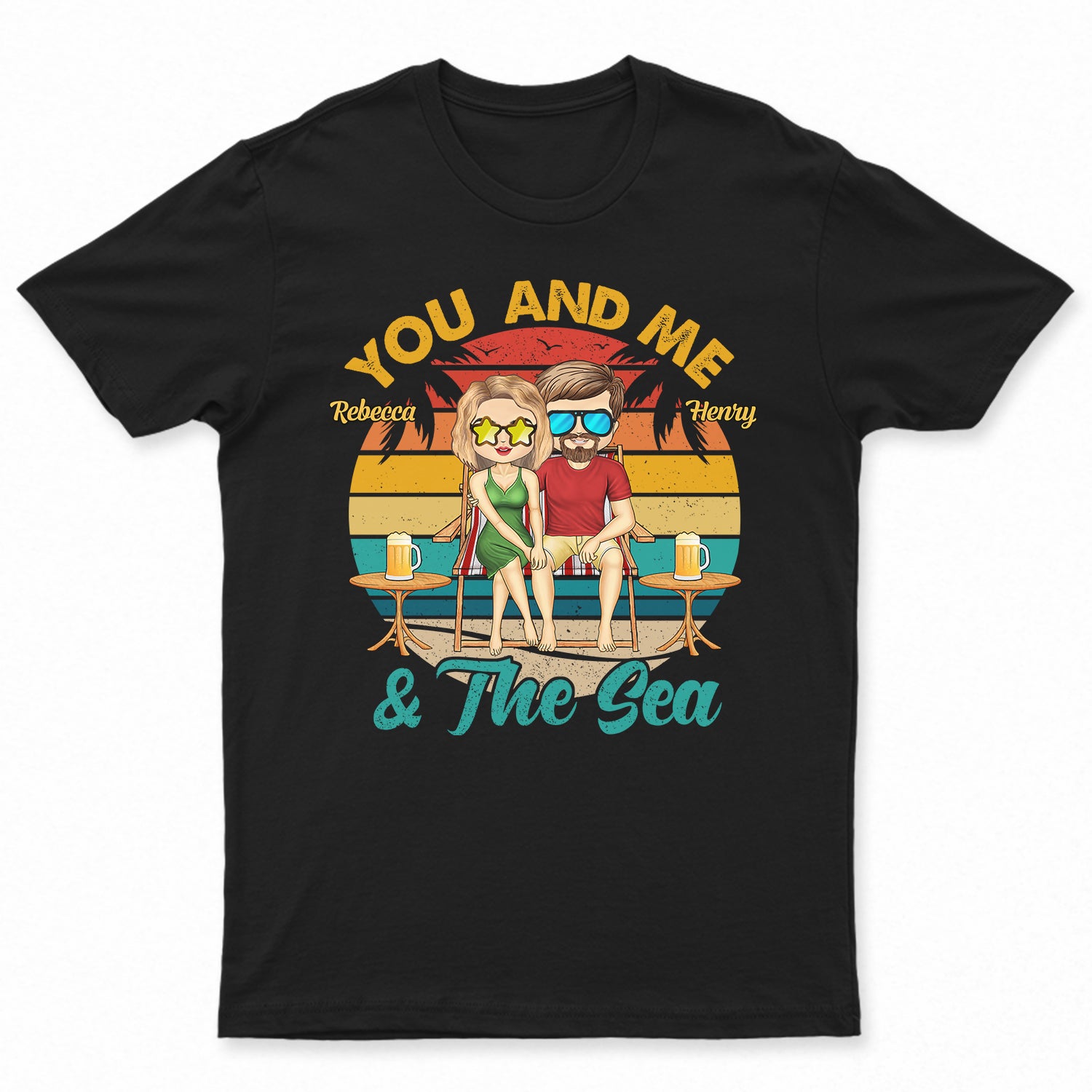 You & Me And The Sea Retro Beach - Birthday, Loving, Anniversary, Vacation, Travel Gift For Spouse, Husband, Wife, Couple, Boyfriend, Girlfriend - Personalized T Shirt