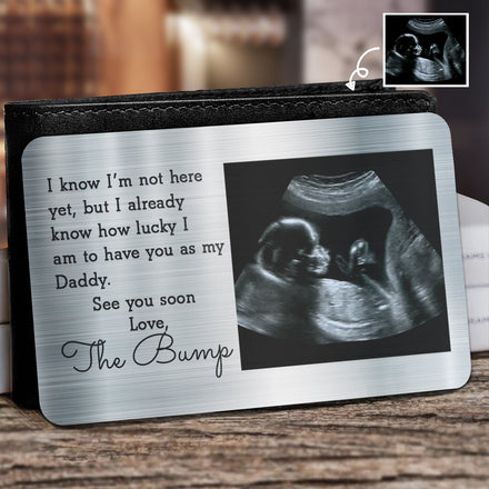 Photo personnalisée Je sais que je ne suis pas encore là - Cadeau pour papa, père, nouveaux parents - Carte portefeuille en aluminium personnalisée