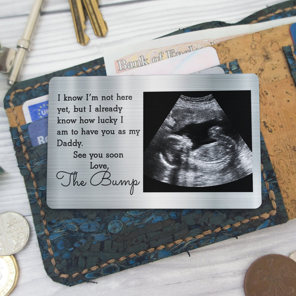Photo personnalisée Je sais que je ne suis pas encore là - Cadeau pour papa, père, nouveaux parents - Carte portefeuille en aluminium personnalisée