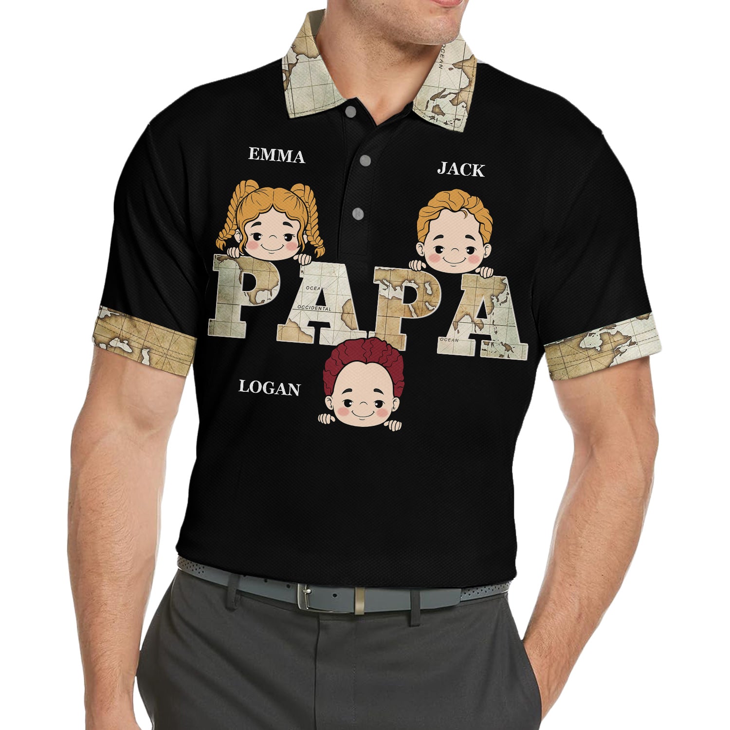 Vintage Map Papa Title - Birthday, Loving Gift For Dad, Father, Papa, Grandpa, Grandfather - Personalized Polo Shirt