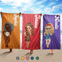Cartoon Woman Traveling Beach Poolside Swimming Picnic - Birthday, Vacation Gift For Her, Besties, Family - Personalized Beach Towel