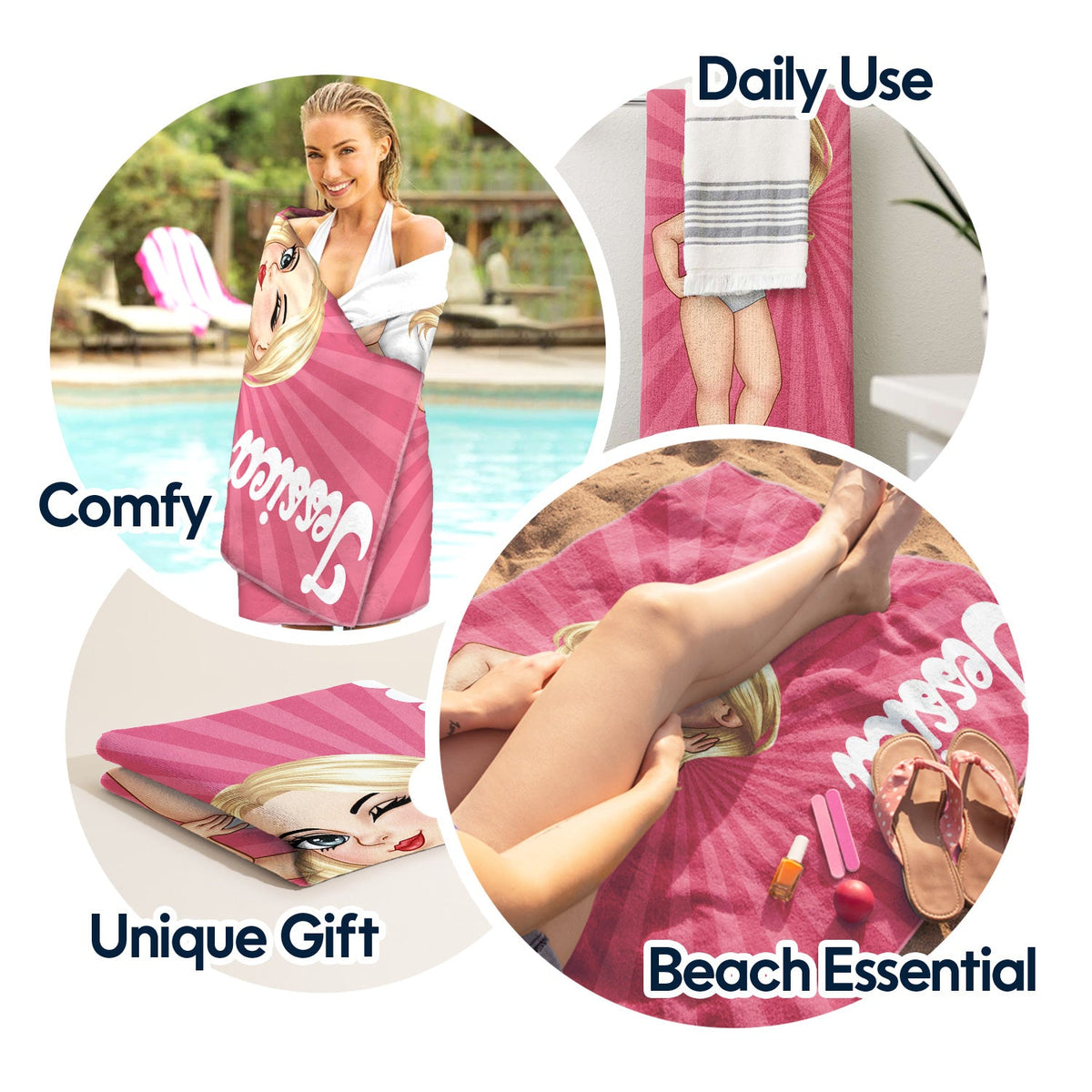 Cartoon Woman Traveling Beach Poolside Swimming Picnic - Birthday, Vacation Gift For Her, Besties, Family - Personalized Beach Towel