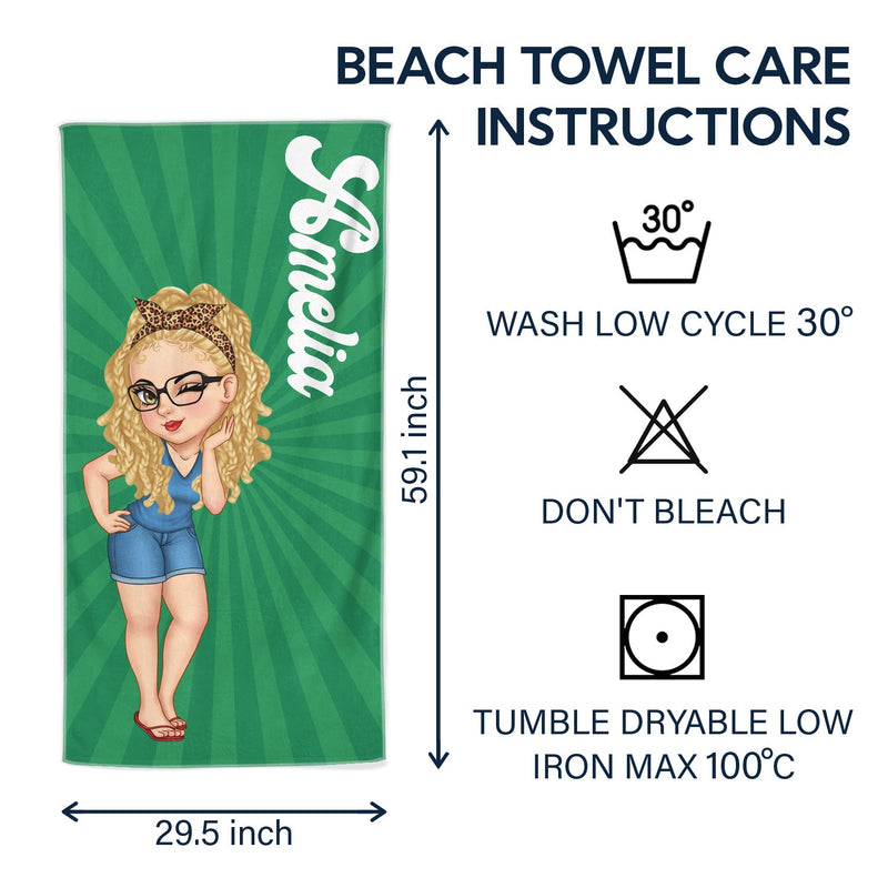Cartoon Woman Traveling Beach Poolside Swimming Picnic - Birthday, Vacation Gift For Her, Besties, Family - Personalized Beach Towel