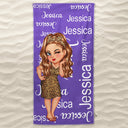 Cartoon Woman Custom Name Traveling Beach Poolside Swimming Picnic - Birthday, Vacation Gift For Her, Besties, Family - Personalized Beach Towel