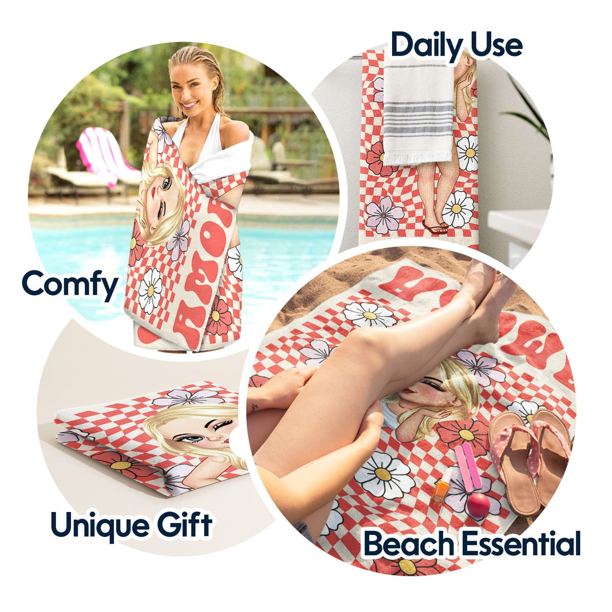 Cartoon Woman Retro Traveling Beach Poolside Swimming Picnic - Birthday, Vacation Gift For Her, Besties, Family - Personalized Beach Towel