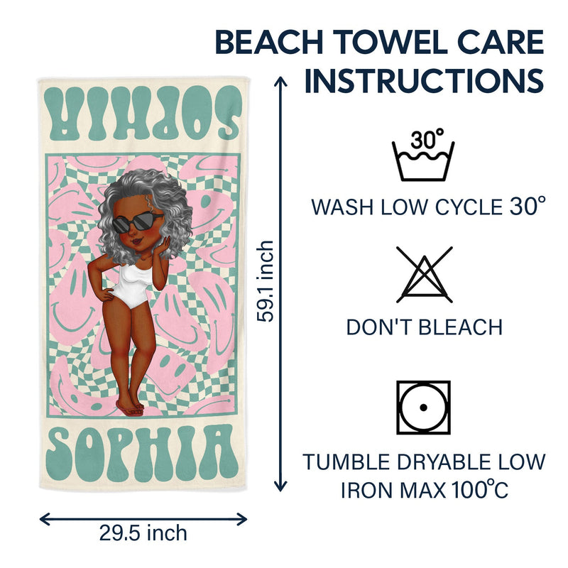Cartoon Woman Retro Traveling Beach Poolside Swimming Picnic - Birthday, Vacation Gift For Her, Besties, Family - Personalized Beach Towel