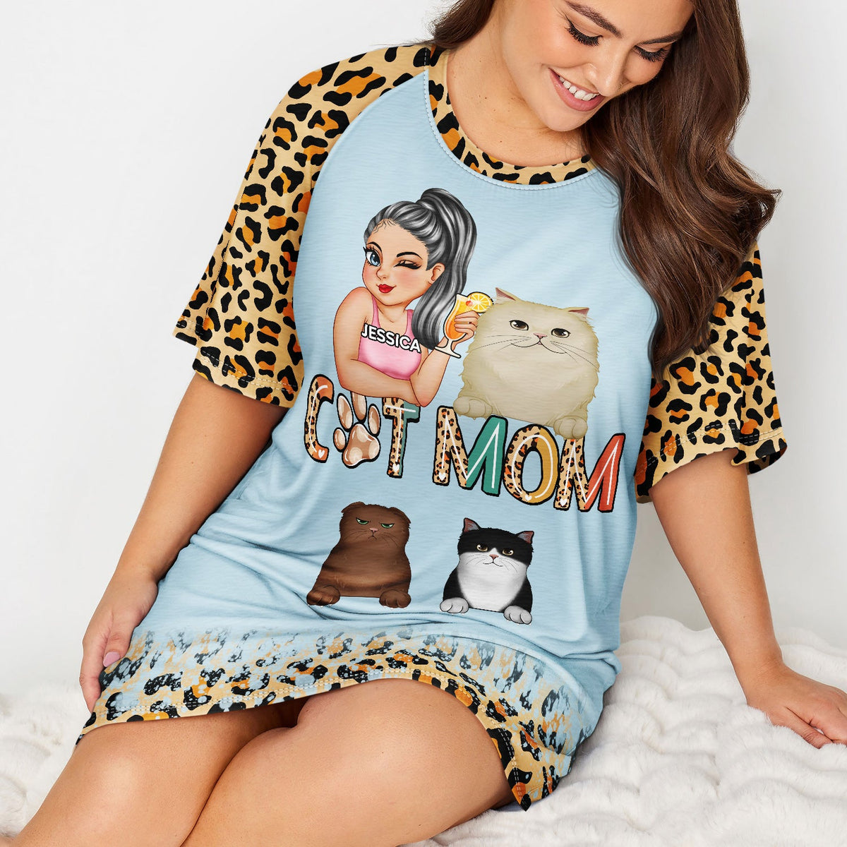 Maman chat - Cadeau amusant pour les amoureux des chats et des animaux - T-shirt de nuit personnalisé pour femme