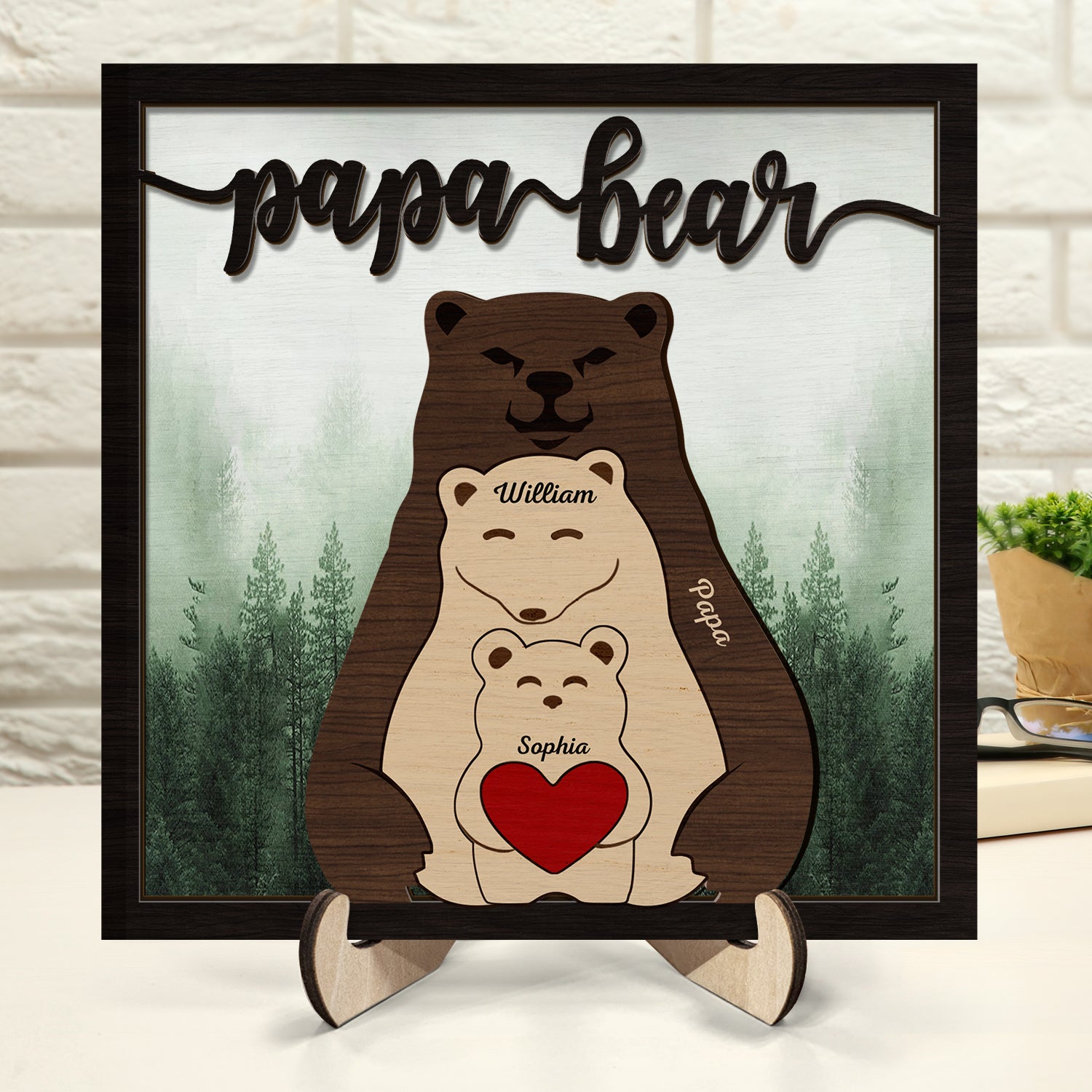 Papa Bear - Gift For Father, Grandpa - Personalized 2-Layered Wooden Plaque With Stand