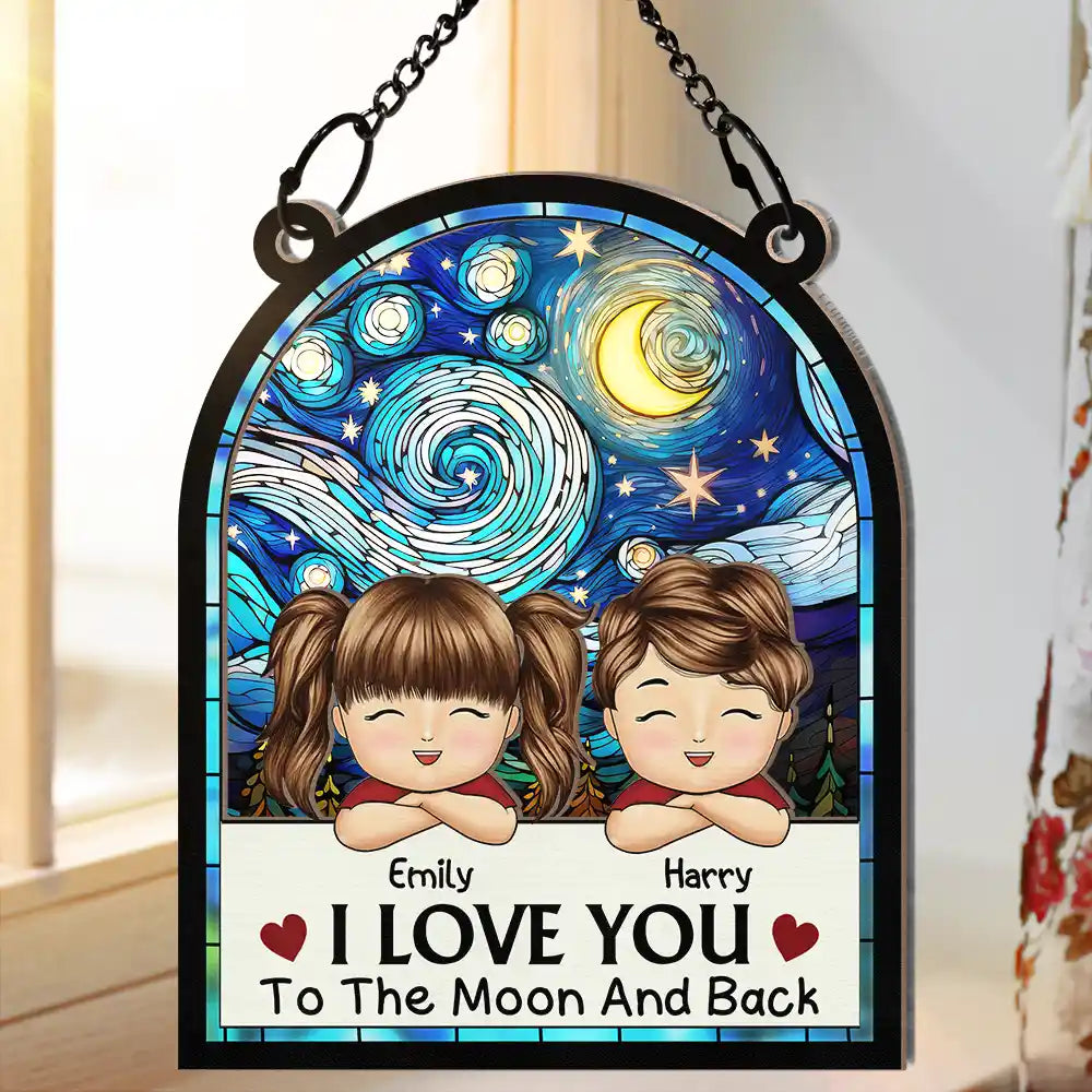 Chibi Grandkids Love You To The Moon And Back - Personalized Window Hanging Suncatcher Ornament