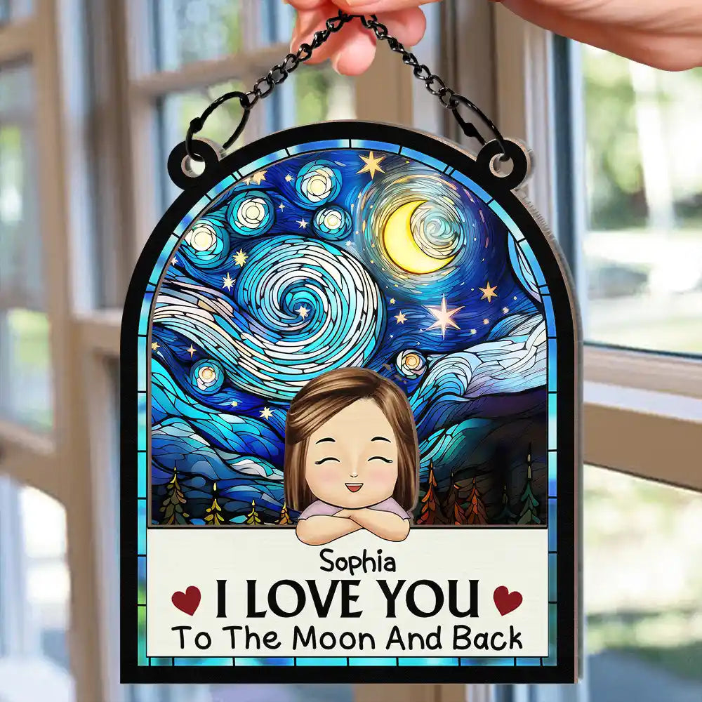 Chibi Grandkids Love You To The Moon And Back - Personalized Window Hanging Suncatcher Ornament