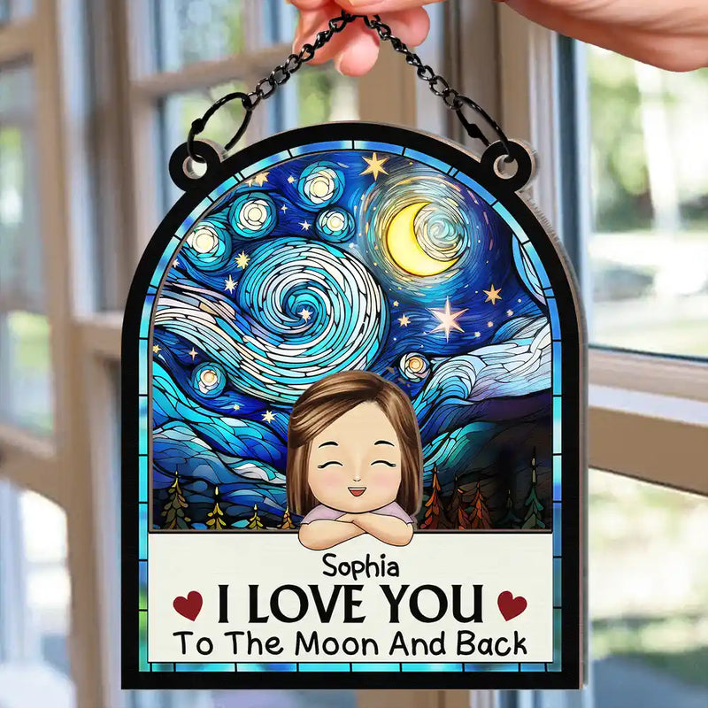 Chibi Grandkids Love You To The Moon And Back - Personalized Window Hanging Suncatcher Ornament