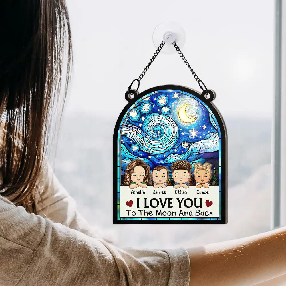 Chibi Grandkids Love You To The Moon And Back - Personalized Window Hanging Suncatcher Ornament