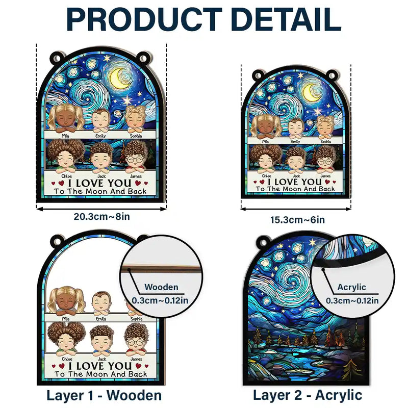 Chibi Grandkids Love You To The Moon And Back - Personalized Window Hanging Suncatcher Ornament
