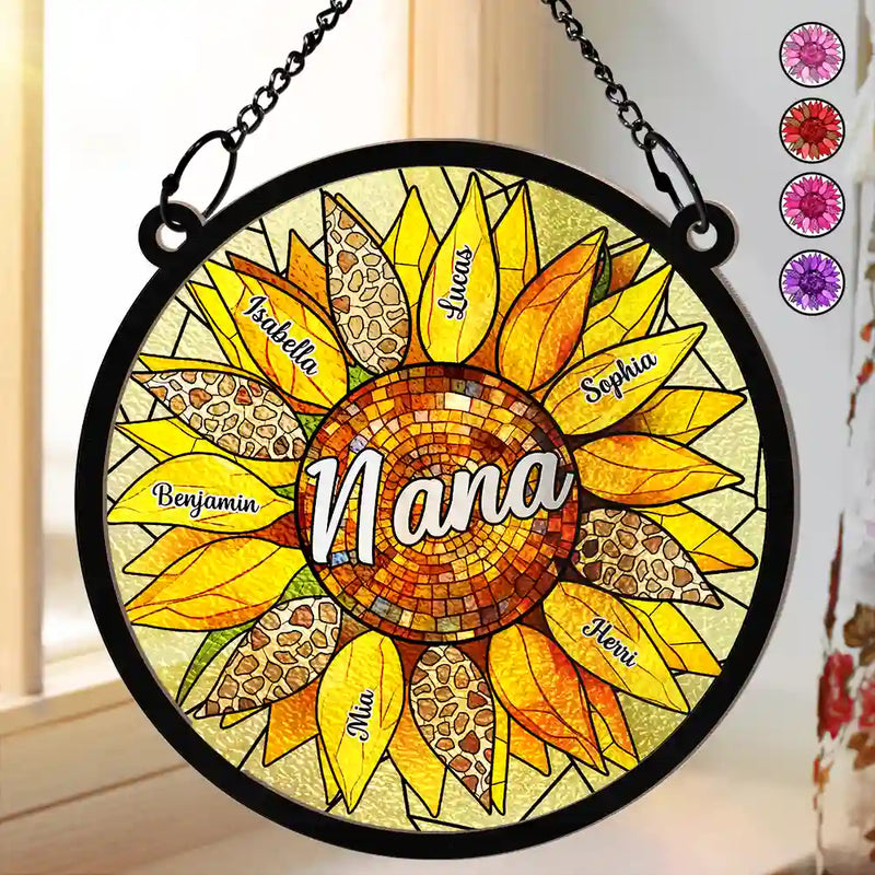 Nana Mom Auntie Family Sunflower - Personalized Window Hanging Suncatcher Ornament