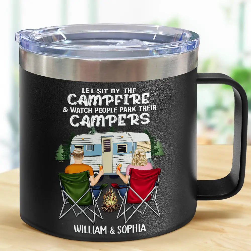 Let's Sit By The Campfire - Personalized 14oz Stainless Steel Tumbler With Handle