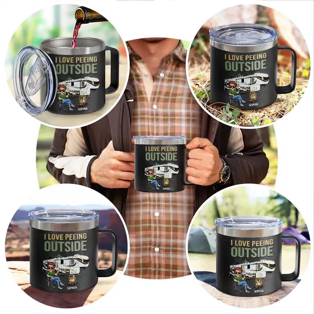 I Love Peeing Outside Camping - Personalized 14oz Stainless Steel Tumbler With Handle