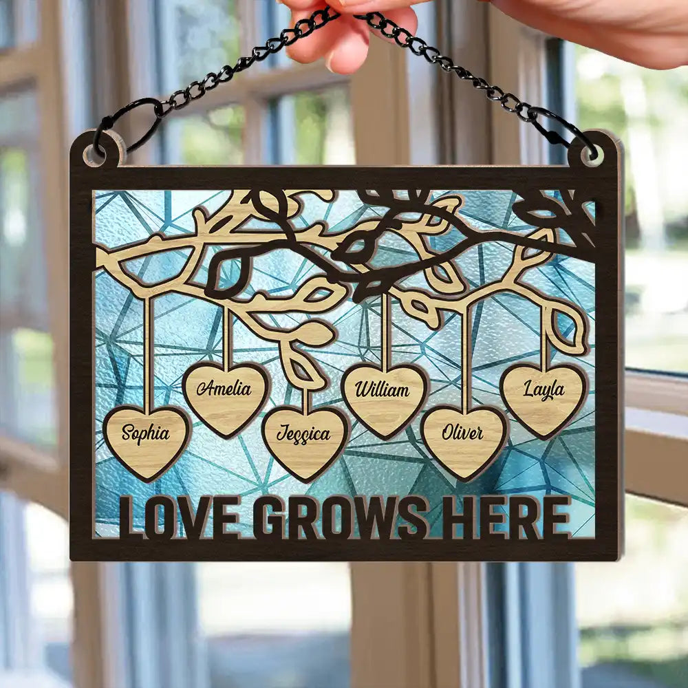 Family Tree Wood Love Grows Here - Personalized Window Hanging Suncatcher Ornament
