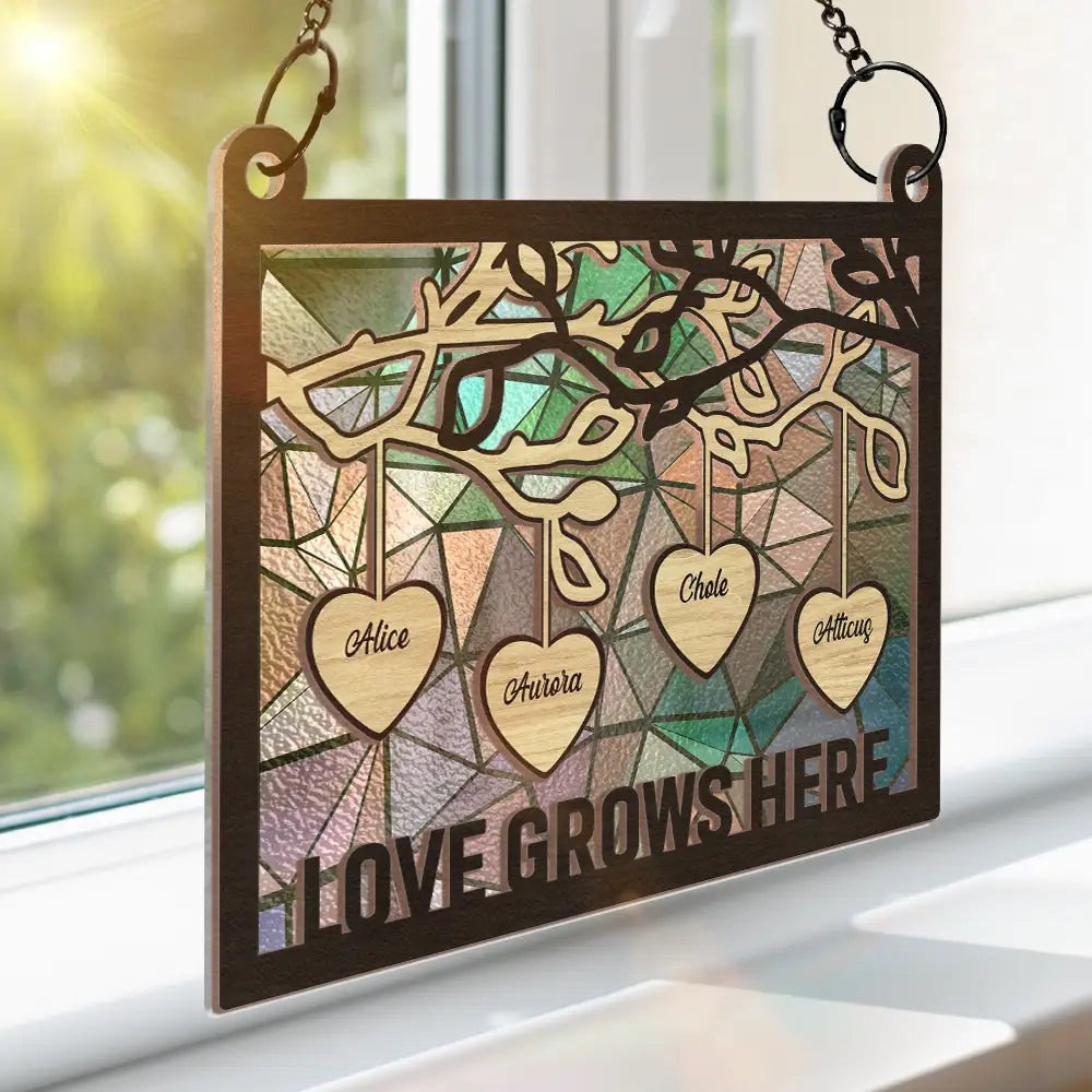 Family Tree Wood Love Grows Here - Personalized Window Hanging Suncatcher Ornament