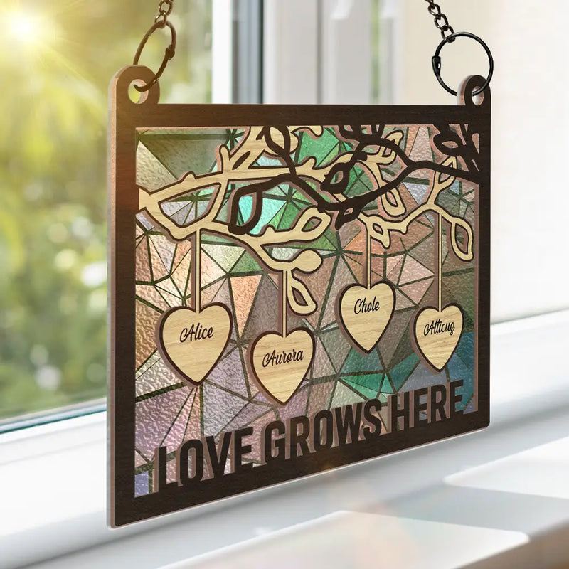 Family Tree Wood Love Grows Here - Personalized Window Hanging Suncatcher Ornament