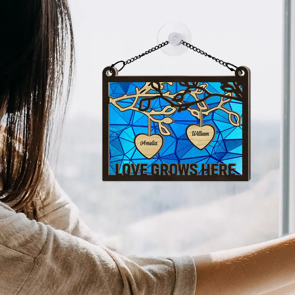 Family Tree Wood Love Grows Here - Personalized Window Hanging Suncatcher Ornament