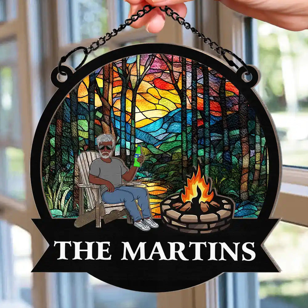 Campfire Fire Pit Grilling - Personalized Window Hanging Suncatcher Ornament