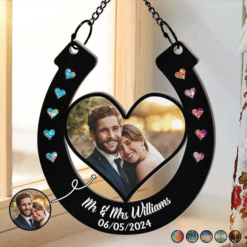 Custom Photo Good Luck Wedding Horseshoe - Personalized Window Hanging Suncatcher Ornament