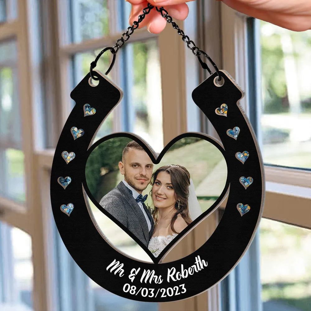Custom Photo Good Luck Wedding Horseshoe - Personalized Window Hanging Suncatcher Ornament