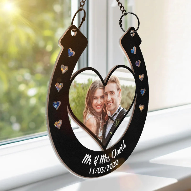 Custom Photo Good Luck Wedding Horseshoe - Personalized Window Hanging Suncatcher Ornament
