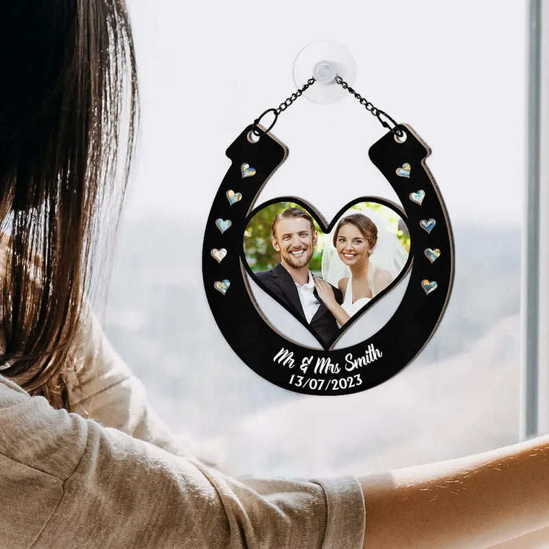Custom Photo Good Luck Wedding Horseshoe - Personalized Window Hanging Suncatcher Ornament