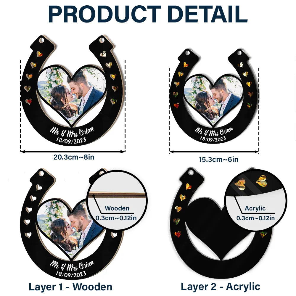 Custom Photo Good Luck Wedding Horseshoe - Personalized Window Hanging Suncatcher Ornament