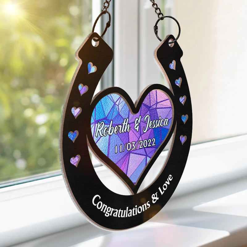Good Luck Wedding Horseshoe - Personalized Window Hanging Suncatcher Ornament