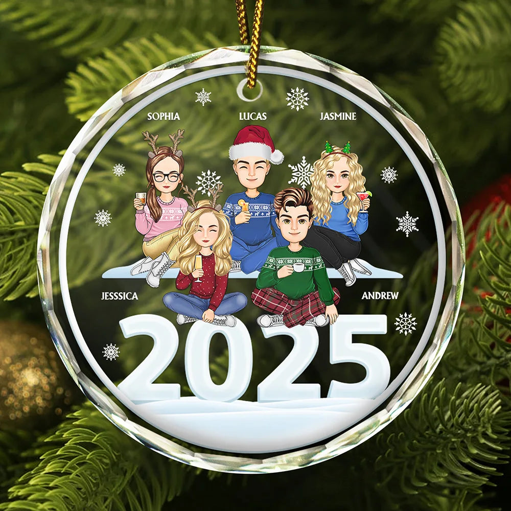 Christmas Cartoon Style 2024 Family Siblings - Personalized Circle Glass Ornament