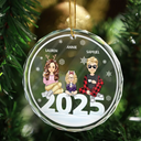 Christmas Cartoon Style 2024 Family Siblings - Personalized Circle Glass Ornament