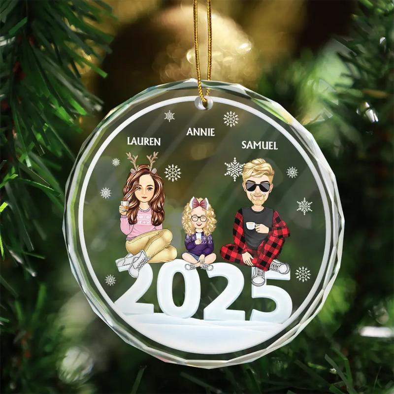 Christmas Cartoon Style 2024 Family Siblings - Personalized Circle Glass Ornament