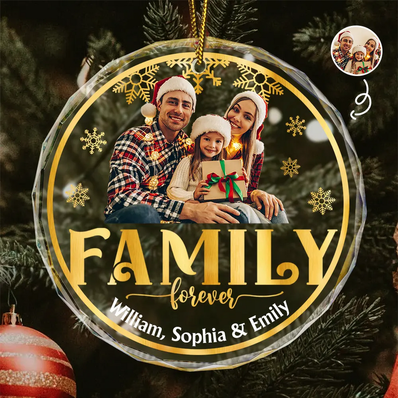 Custom Photo Stay Forever Snow Globe Christmas Family - Personalized Circle Glass Ornament