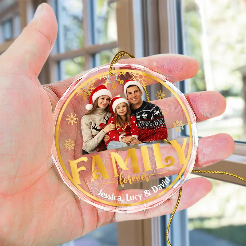 Custom Photo Stay Forever Snow Globe Christmas Family - Personalized Circle Glass Ornament