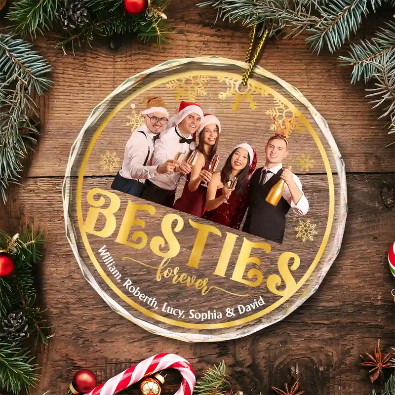 Custom Photo Stay Forever Snow Globe Christmas Family - Personalized Circle Glass Ornament