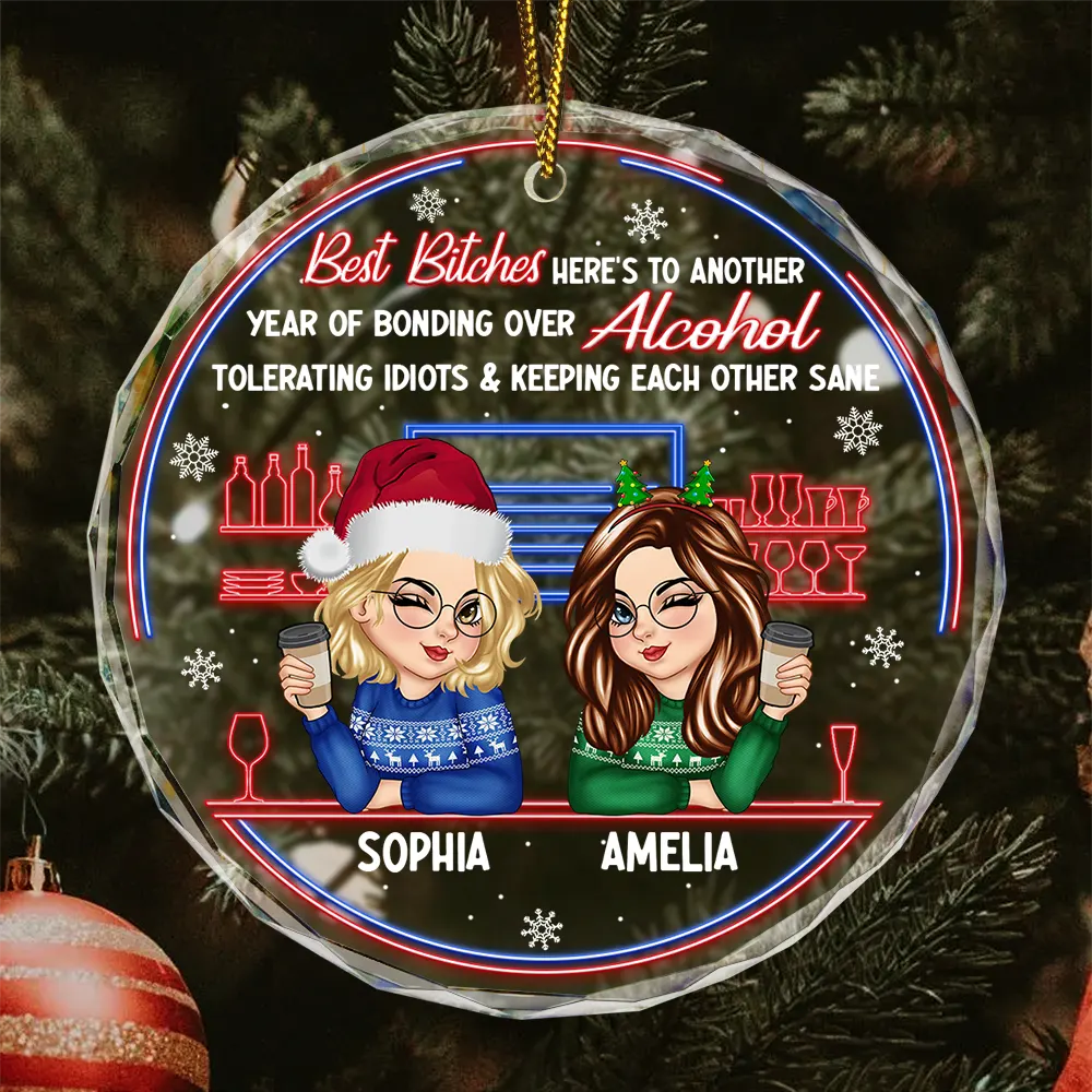 Here's To Another Year Of Bonding Over Alcohol Christmas Bestie - Personalized Circle Glass Ornament